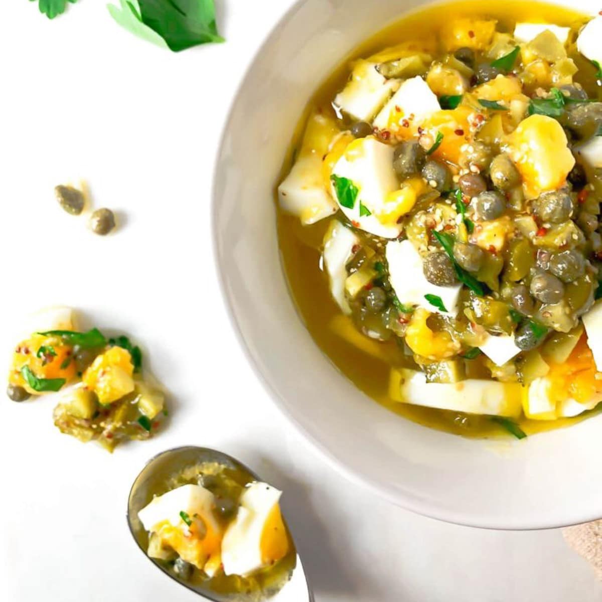 Bowl of sauce gribiche recipe in a bowl