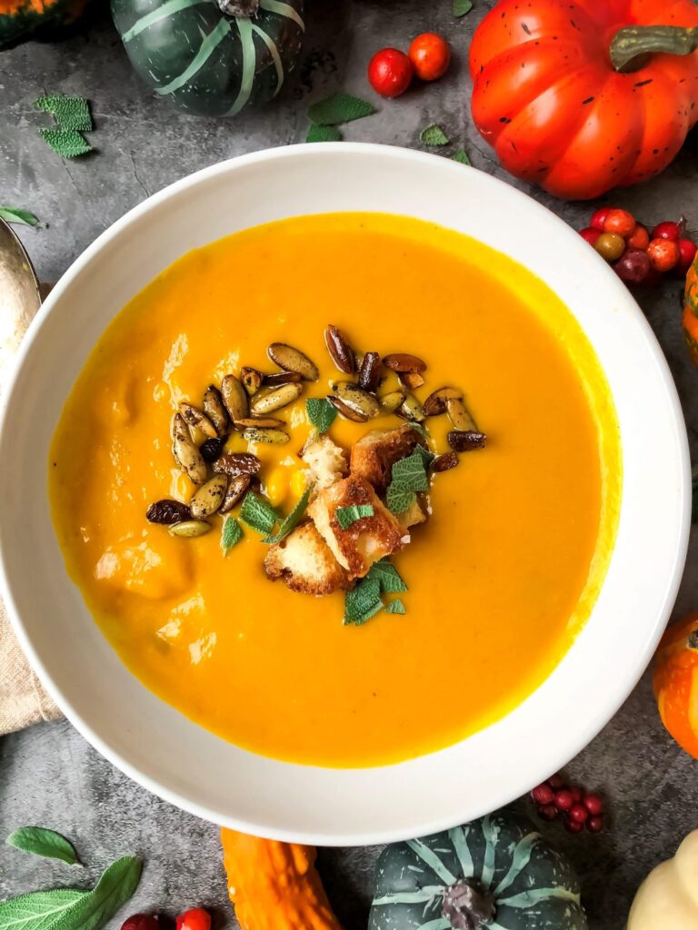 Bowl of from scratch Panera autumn squash soup (copycat recipe)