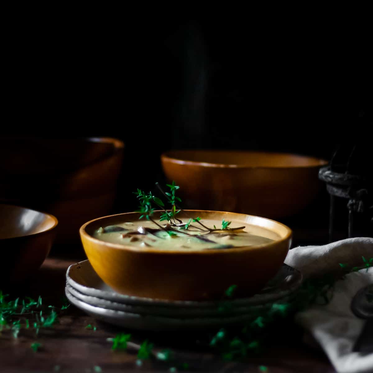 A bowl of homemade creamy wild mushroom soup.