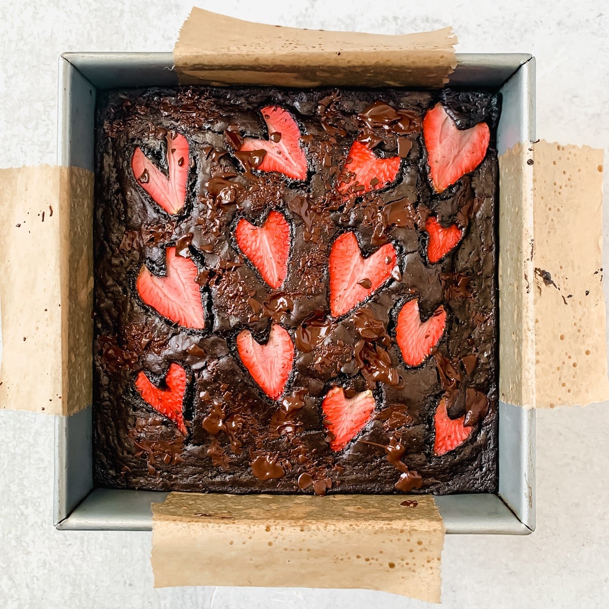 Baked pan of strawberry brownies