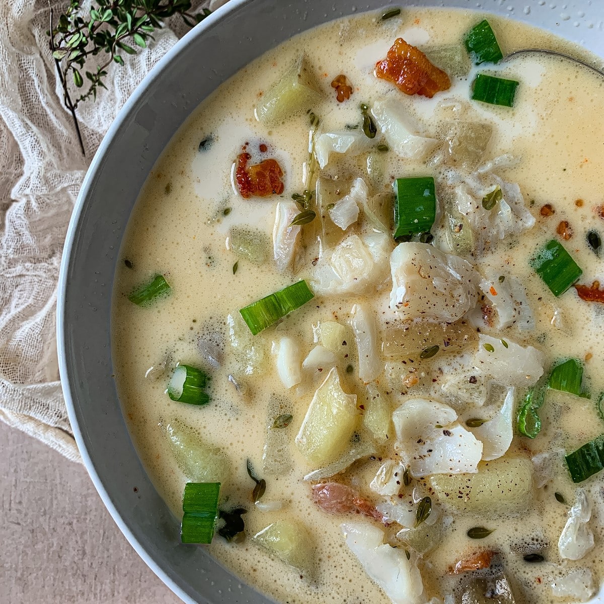 Closeup of irish seafood chowder in a bowl.