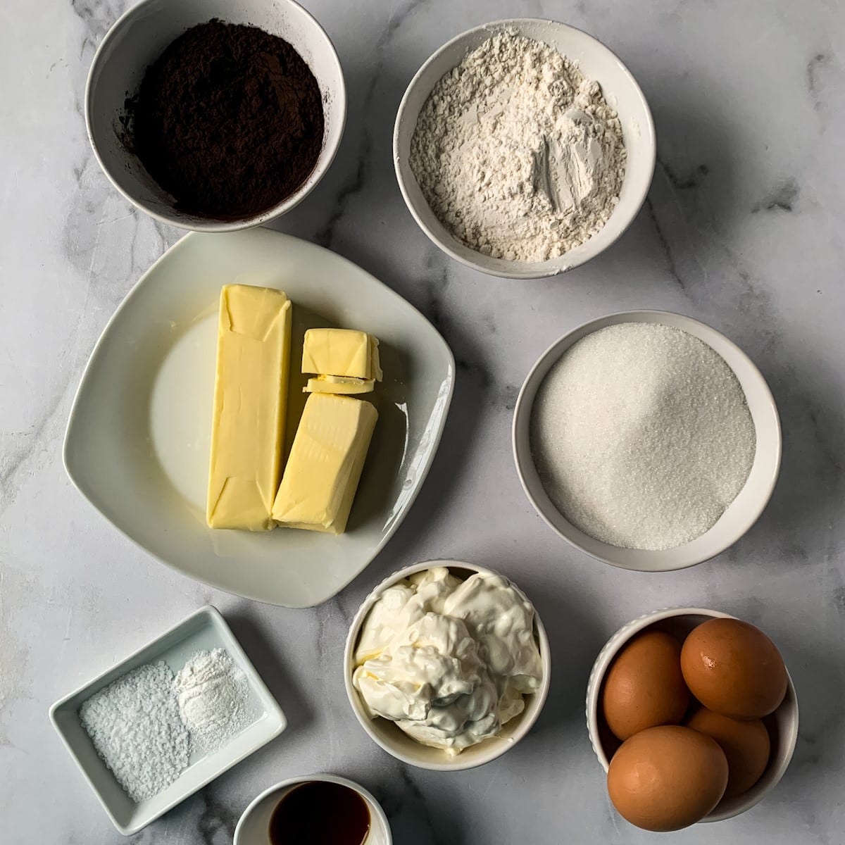 Ingredients for a chocolate loaf cake.